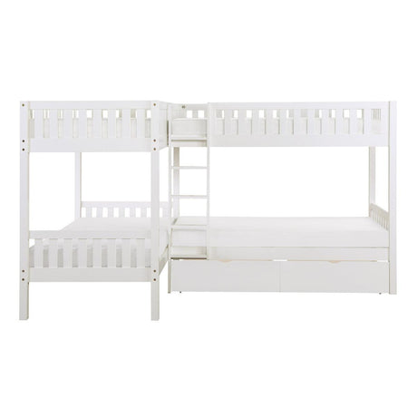 Front view of Galen white corner twin bunk bed with storage boxes