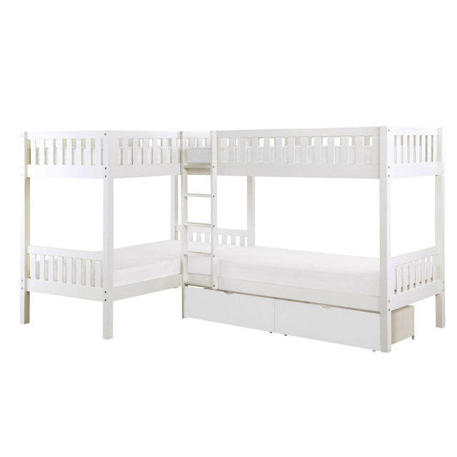 Galen White Modern Transitional Wood And Engineered Wood Corner Bunk Bed With Storage Boxes - Ella Furniture