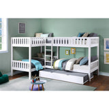 Galen White Corner Bunk Bed with Twin Trundle - angled view showing bunk beds and guard rails