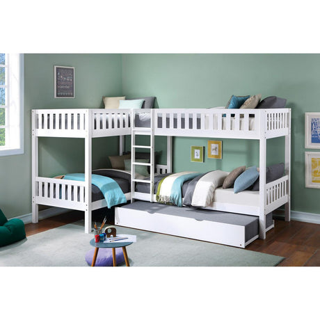 Galen White Corner Bunk Bed with Twin Trundle - angled view showing bunk beds and guard rails