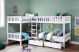 Galen white corner twin bunk bed installed in youth bedroom