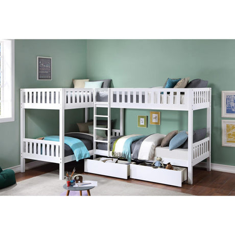 Galen white corner twin bunk bed installed in youth bedroom