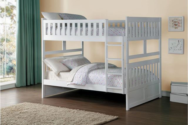 Galen White Twin Over Twin Youth Bedroom Set front view showing bunk beds and dresser