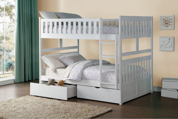 Top view of Galen white full/full bunk bed with clean lines and modern design
