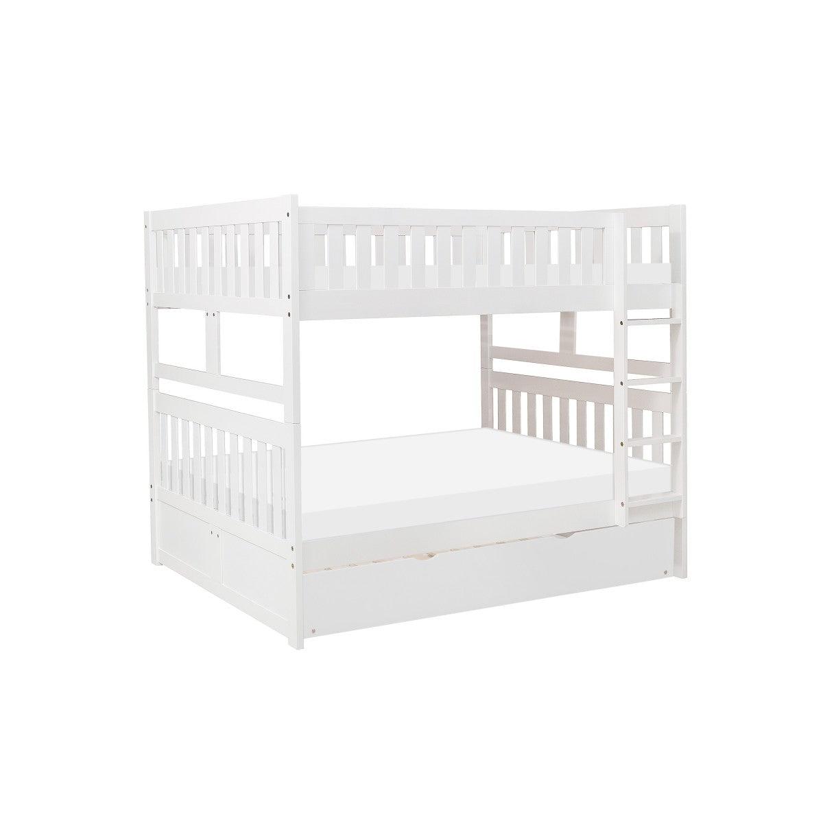 Side angle of Galen White Full over Full Bunk Bed showing ladder