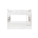 Galen White Full over Full bunk bed front angle showing storage boxes