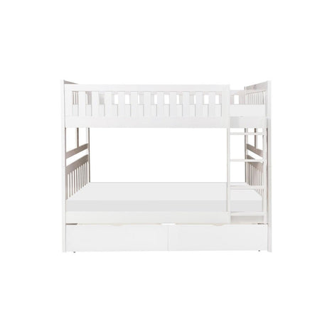 Galen White Full over Full bunk bed front angle showing storage boxes