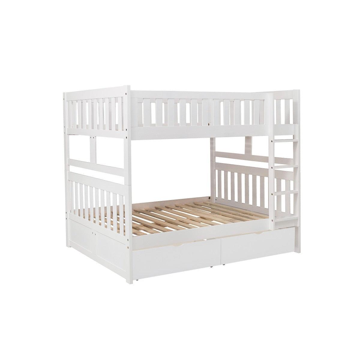 Closer side view showing white finish and guardrails on top bunk