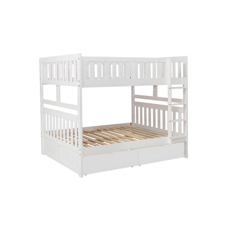 Closer side view showing white finish and guardrails on top bunk