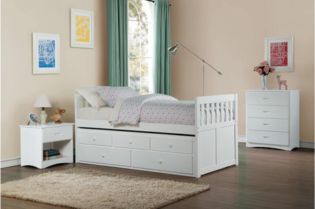 Galen White Twin Youth Bed front view with storage drawers