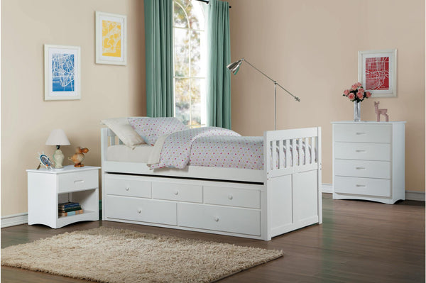 Galen White Twin Youth Bed front view with storage drawers
