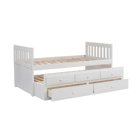 Galen White Twin Over Twin Trundle Bed with trundle pulled out