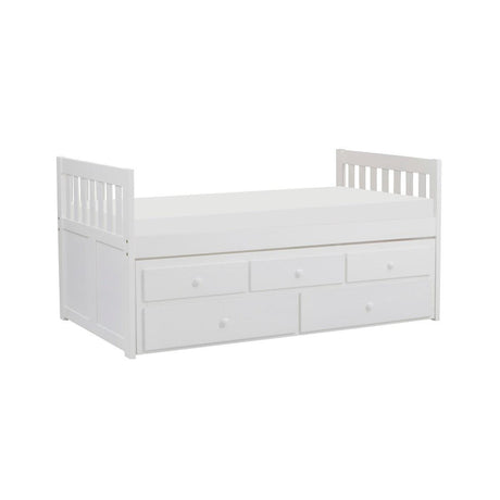 Galen White Twin Over Twin Trundle Bed open trundle