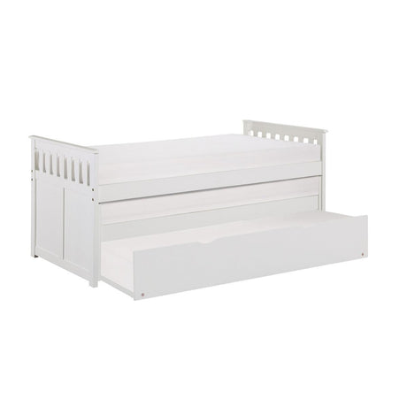 Galen White Twin Over Twin Trundle Bed with pull-out trundle open