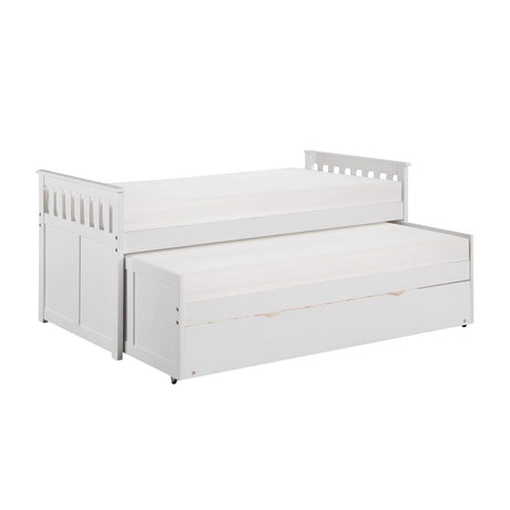 Open trundle bed under Galen white twin bunk bed