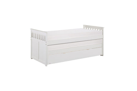 Side angle of Galen White Twin Over Twin bunk bed with trundle