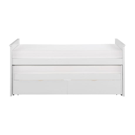 White youth twin daybed front view with storage boxes