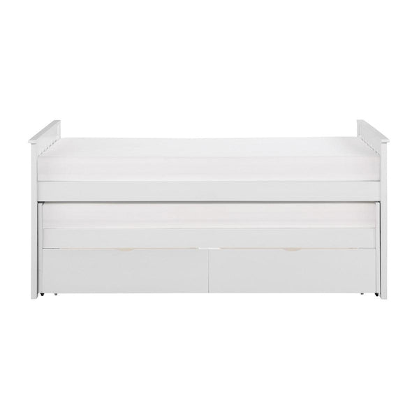 White youth twin daybed front view with storage boxes