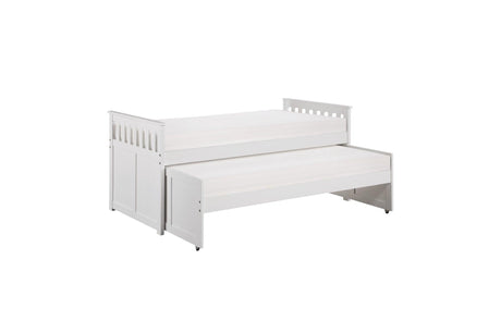 Galen White bunk bed open under-bed toyboxes shown