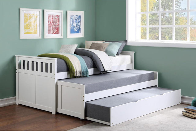 Galen White Twin Over Twin Bed with Twin Trundle styled bedroom