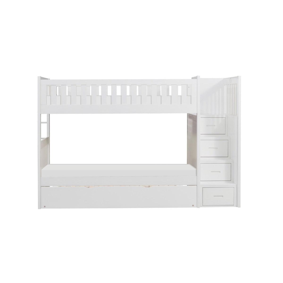 Galen white twin over twin step bunk bed with twin trundle front view