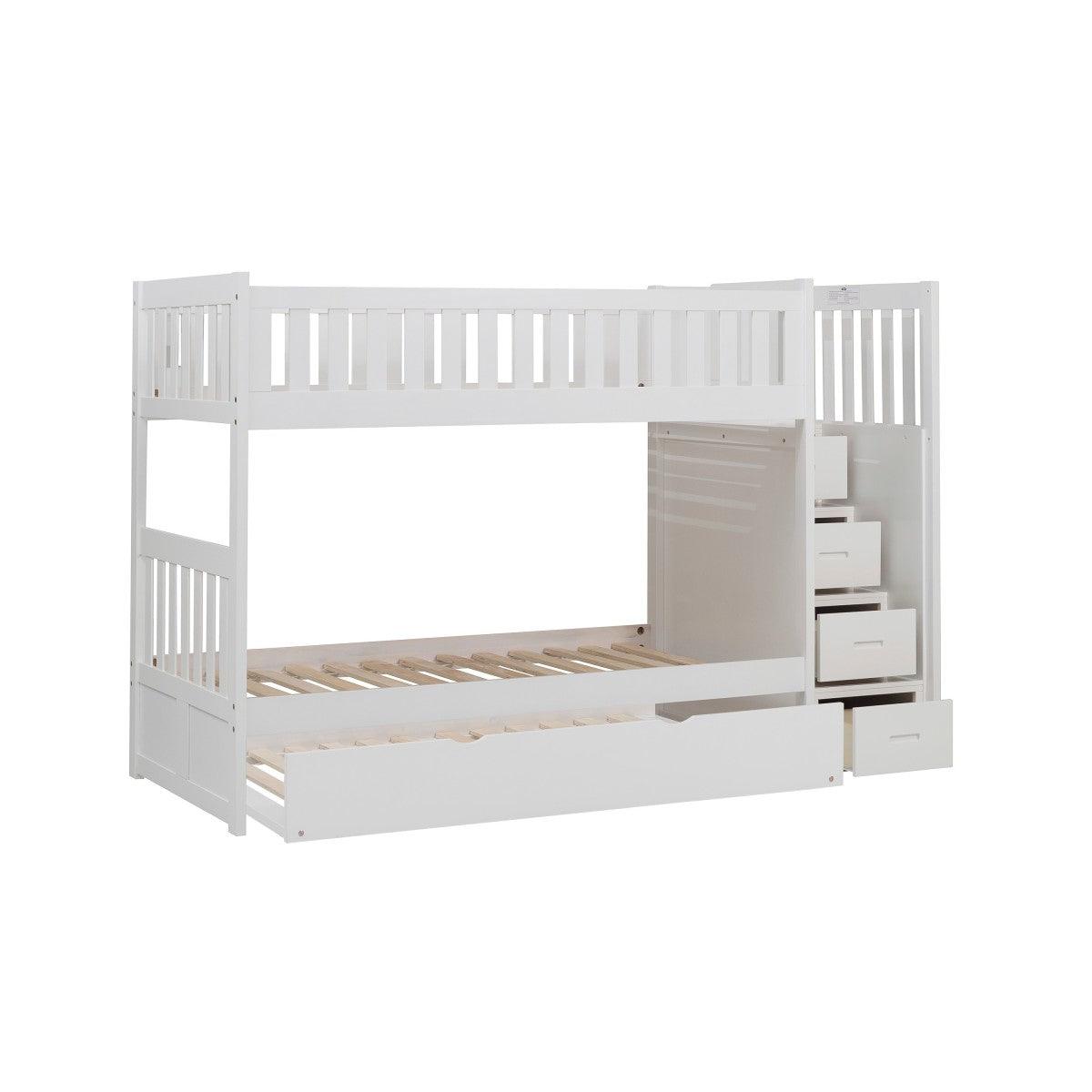 Galen white bunk bed showing open trundle on casters