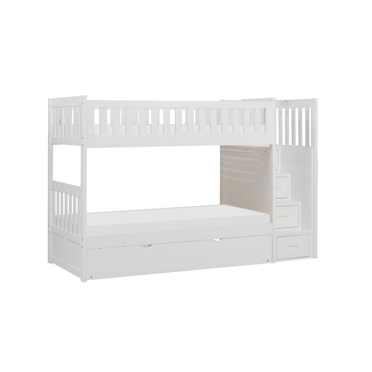 Galen white twin over twin step bunk bed with twin trundle side view