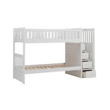 Open drawer and step detail on Galen White Twin Over Twin Step Bunk Bed