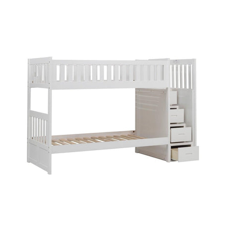 Open drawer and step detail on Galen White Twin Over Twin Step Bunk Bed