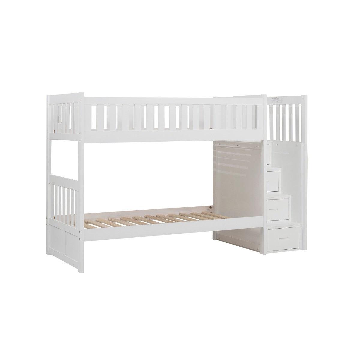 Side angle of Galen White Twin Over Twin Step Bunk Bed