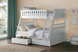 Full view of Galen White twin over full bunk bed with storage boxes