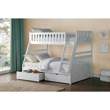 Full view of Galen White twin over full bunk bed with storage boxes