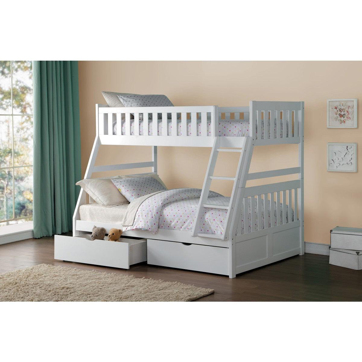Full view of Galen White twin over full bunk bed with storage boxes