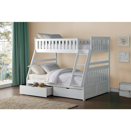 Full view of Galen White twin over full bunk bed with storage boxes