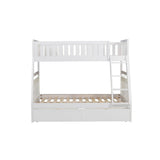 Side view of Galen White twin over full bunk bed with ladder and storage boxes