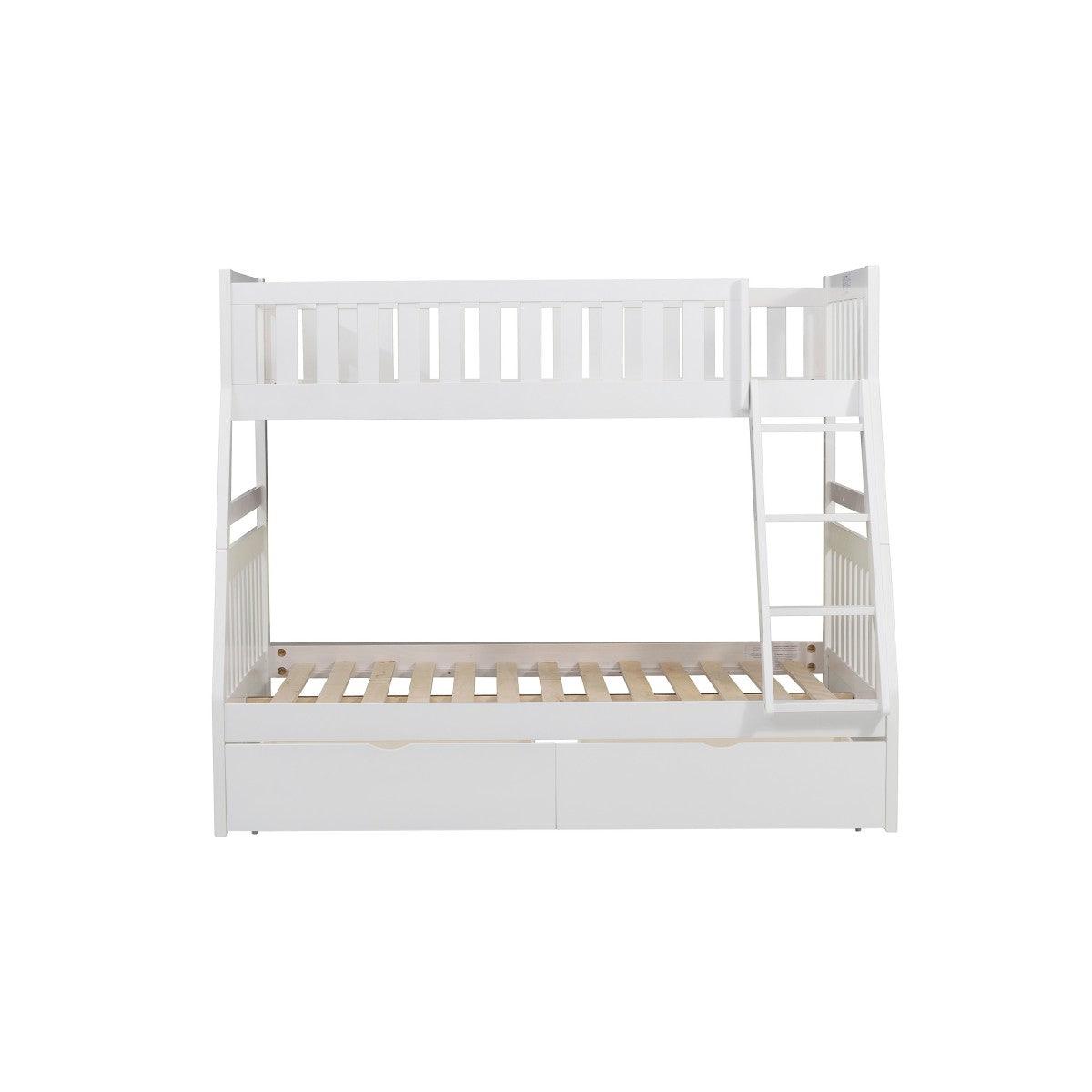 Side view of Galen White twin over full bunk bed with ladder and storage boxes