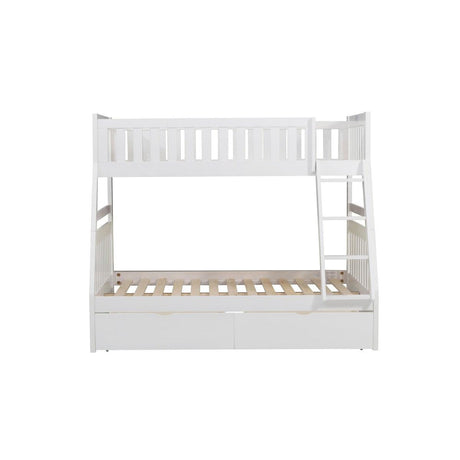 Side view of Galen White twin over full bunk bed with ladder and storage boxes