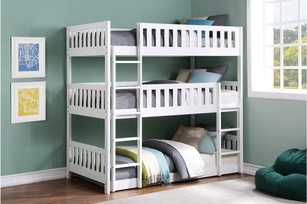 Galen White Youth Triple Twin Bunkbed front view showing three twin beds and ladder
