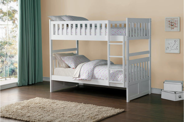 Galen White Twin Over Twin Bunk Bed Bedroom Set with Stairs front view