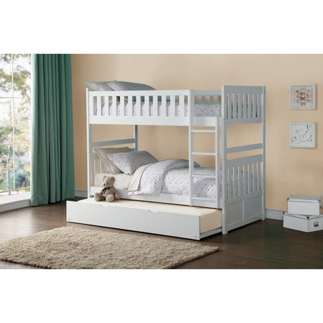 White twin over twin bunk bed with trundle, angled side view