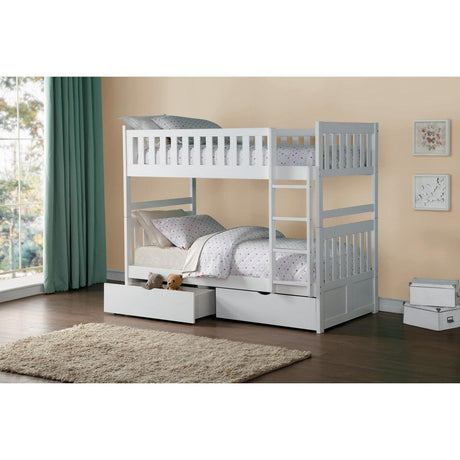 Galen twin over twin bunk bed full height view in white finish