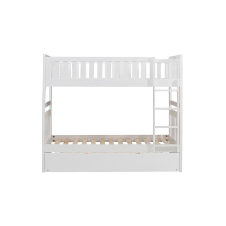 White twin over twin bunk bed with trundle, front view