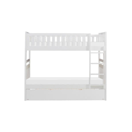 White twin over twin bunk bed with trundle, angled front view