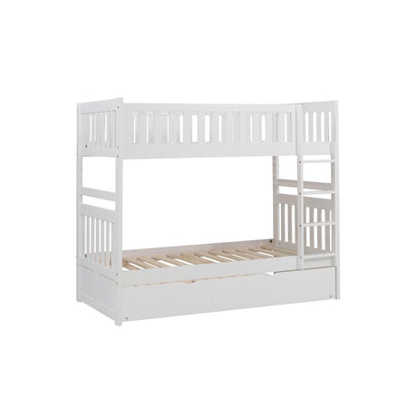 White twin over twin bunk bed with trundle, side view showing ladder