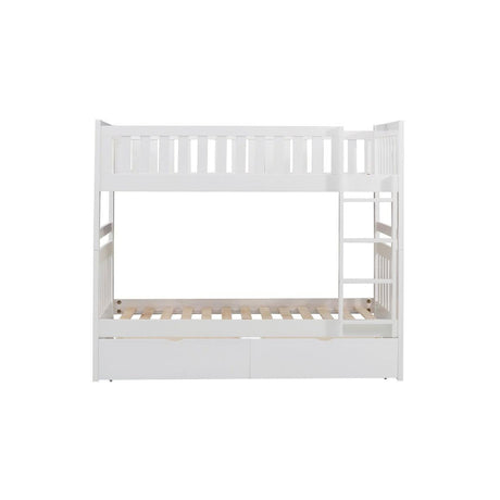 Galen white twin over twin bunk bed front view with storage drawers extended