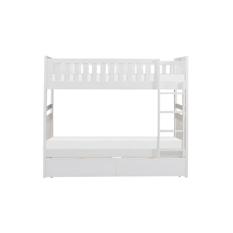Galen white twin over twin bunk bed front angle showing guardrails and ladder