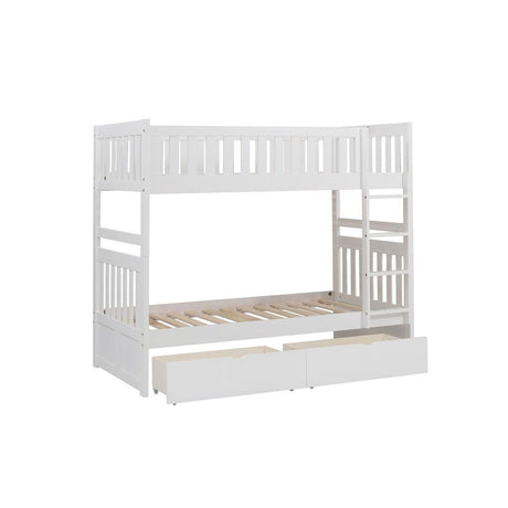 Open storage boxes under Galen twin over twin bunk bed