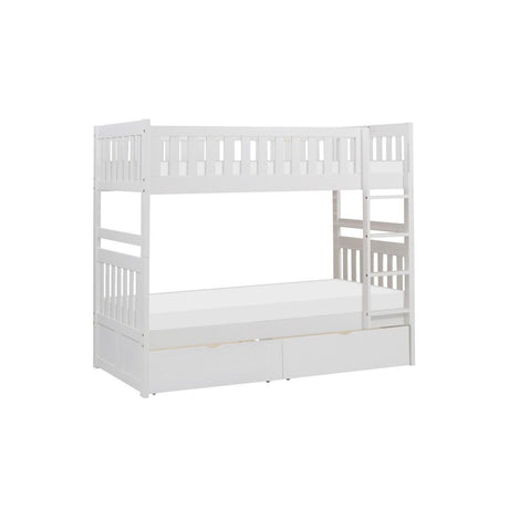 Side view of Galen white twin over twin bunk bed with storage boxes