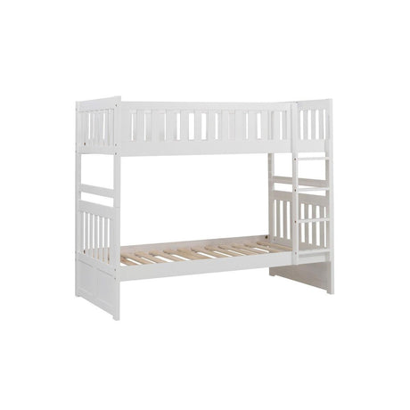 Side view of Galen White Twin-Over-Twin Bunk Bed showing ladder