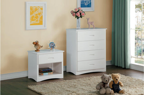 Galen White Youth Bunk Bed shown with dresser and mirror
